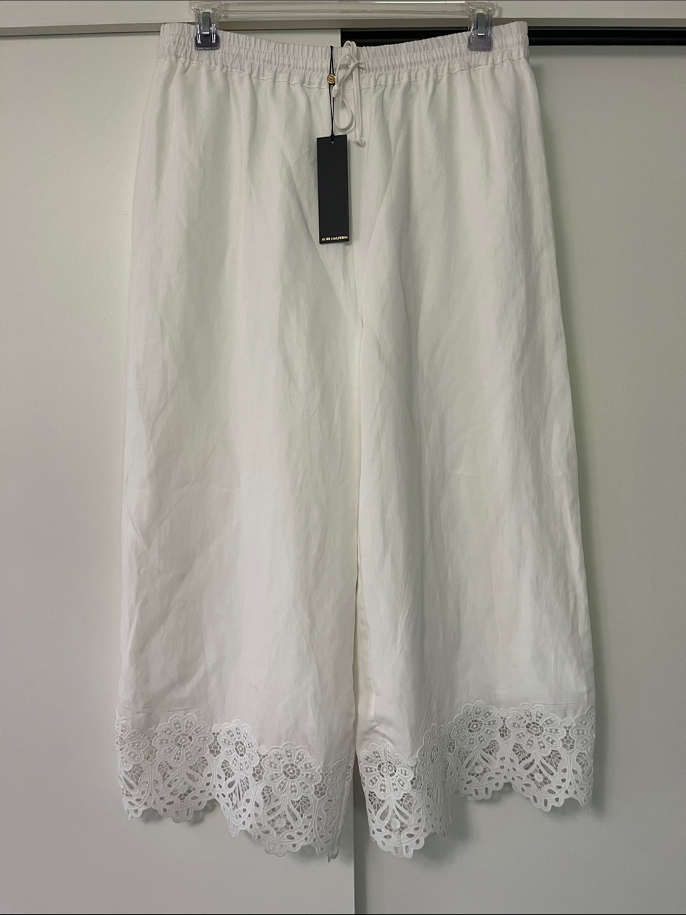 Kobi Halperin Lola White Eyelet Hem Wide-Leg Pants Size Large